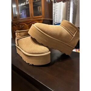Women's Brown Suede Platform Faux Fur Lined Slip-On Ankle Boots US 8